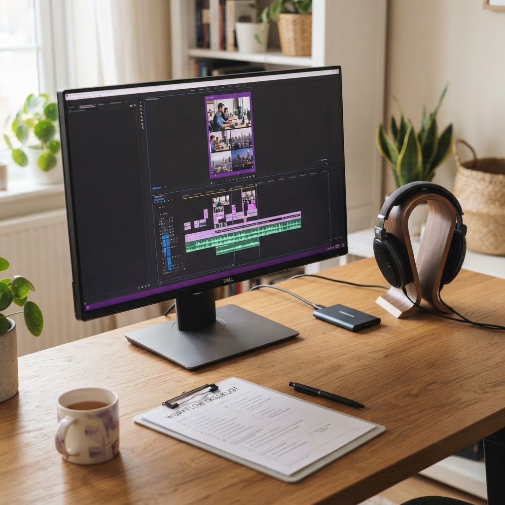 A desk workspace with a monitor showing a captioned vertical video clip and a printed production checklist